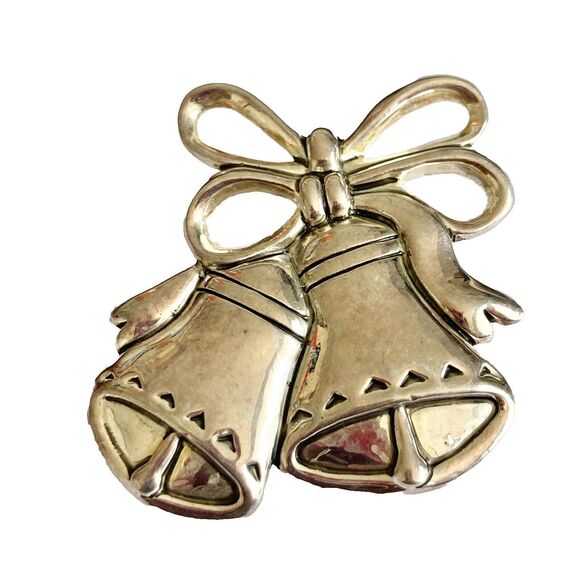 Vintage Christmas Bells Necklace Brooch Pin Pendant 24" Silver Plated Estate MJ - Picture 3 of 11